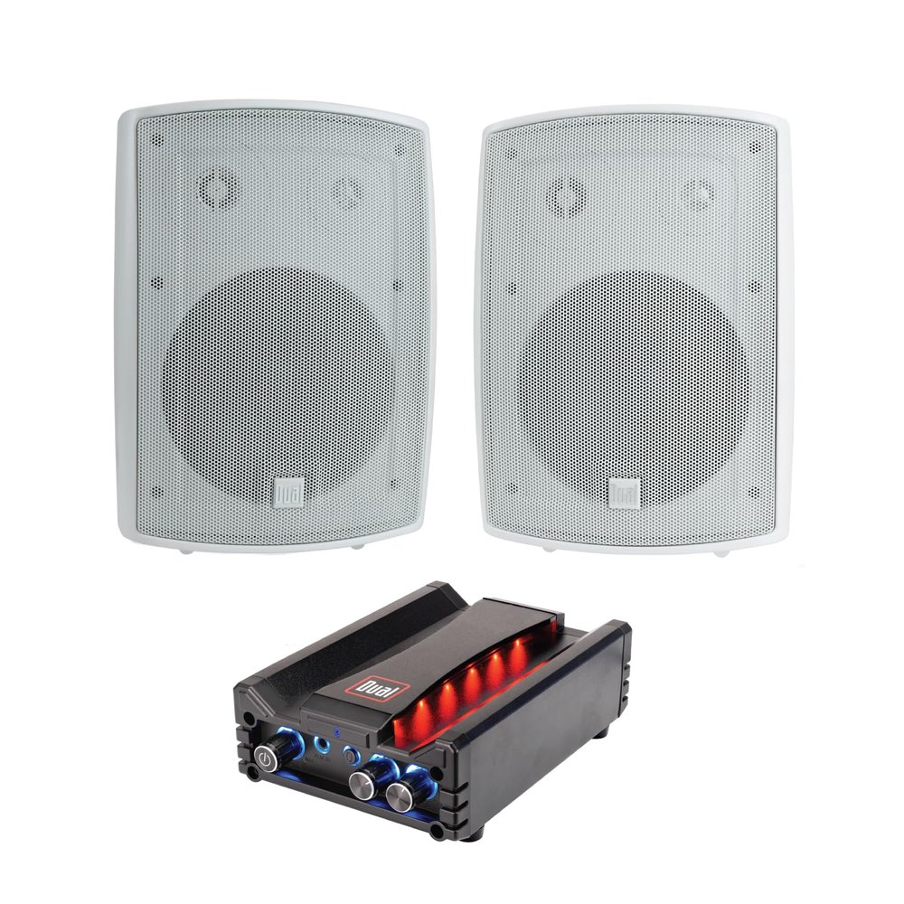 Dual Electronics LU53PW White 3-Way High Performance Outdoor Indoor Speakers DBTMA100 Black Micro Wireless Bluetooth 2 Channel Stereo Class-D Amplifier