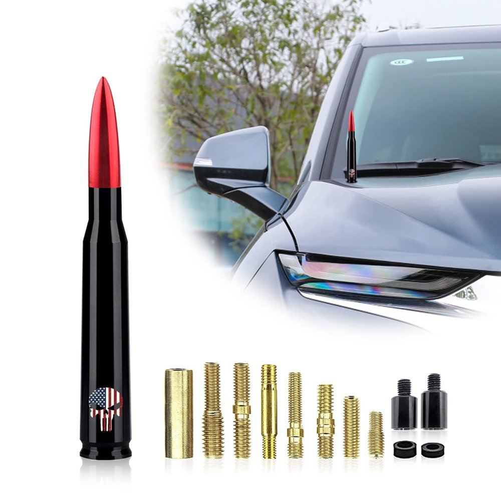 Ajxn 1 PC Car Truck Bullet Antenna, Skull Design Short Antennas, Antenna Replacement Compatible with Ford F150 Wrangler Jeep Chevrolet (Red)
