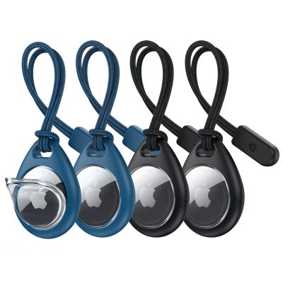 UNBREAKcable Holder for Apple AirTag with Strap- 4 Pack [Fit Tightly Design] [Easy to Install] [Hold Air Tag Securely] Waterproof TPU Shell Protective Case with Nylon Keychain Strap(Black&Blue)