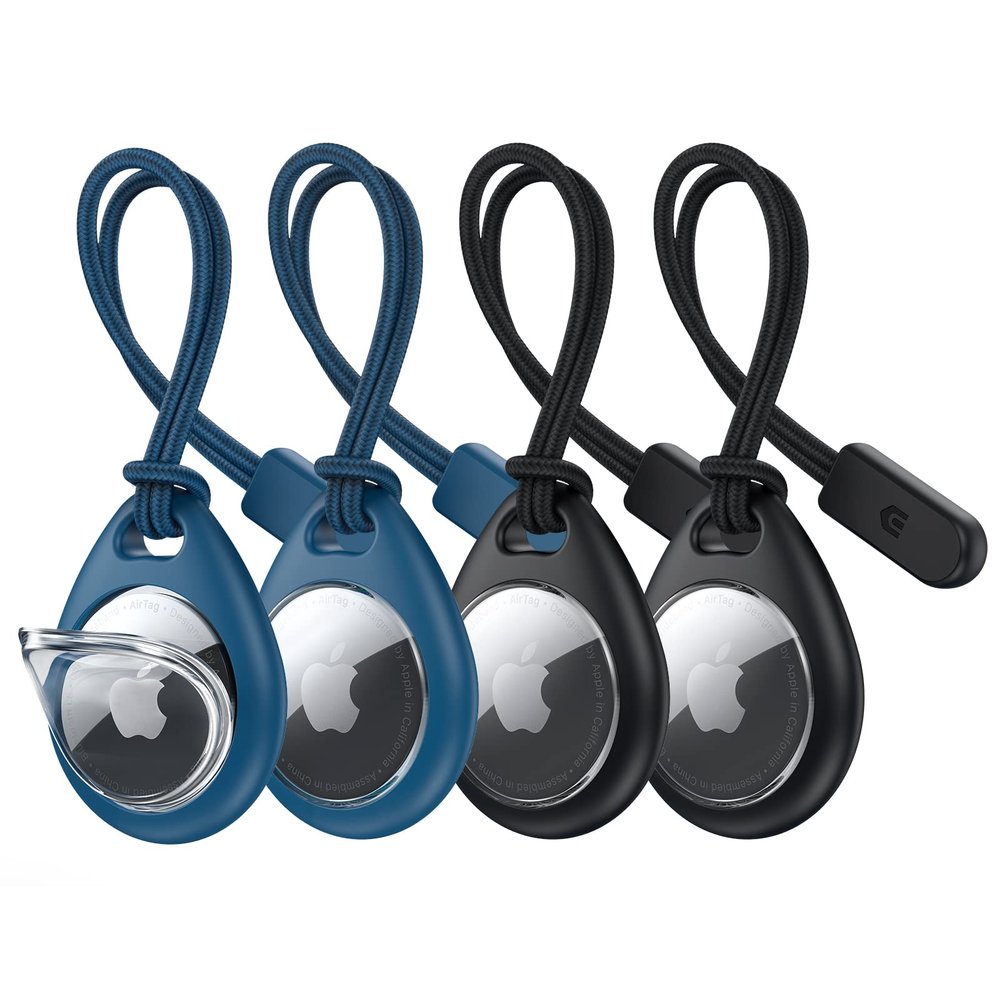 UNBREAKcable Holder for Apple AirTag with Strap- 4 Pack [Fit Tightly Design] [Easy to Install] [Hold Air Tag Securely] Waterproof TPU Shell Protective Case with Nylon Keychain Strap(Black&Blue)