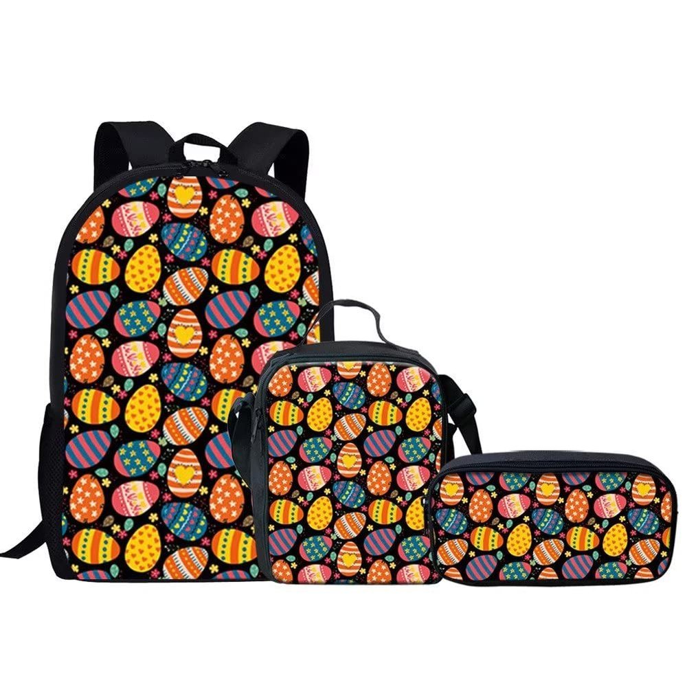 KEIAHUAN Easter Cute Bookbags for Teen Girls with Lunch Box Pencil Case, School Bags Shoulder Book Back Pack for Students Book Bags Satchel Casual Daypack, Colorful Eggs Printed