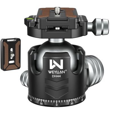 Tripod Head 44mm Low Profile Ball Head, WEYLLAN DH44 360 Degree Metal Panoramic Camera Ball Head Mount with Two Quick Release Plates, Arca Ballhead for Tripod Monopod DSLR Camera Max Load 55lbs/25kg