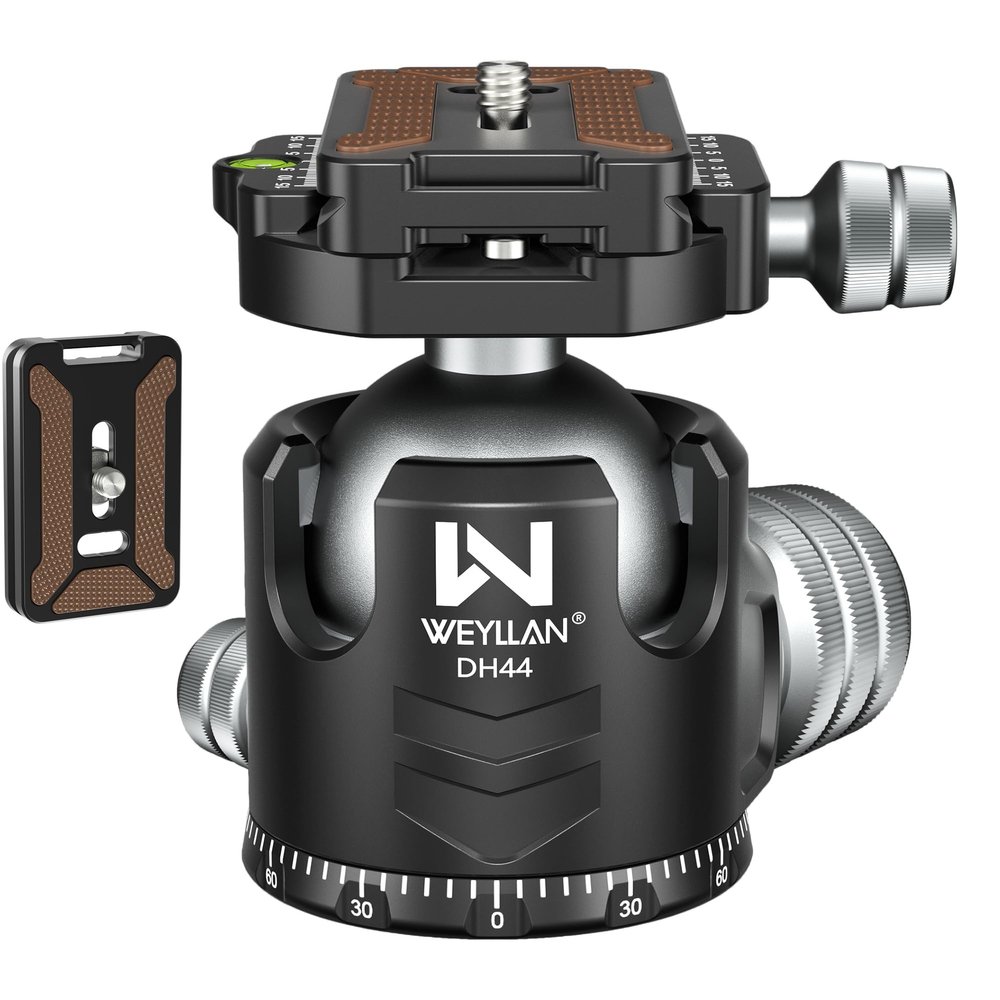 Tripod Head 44mm Low Profile Ball Head, WEYLLAN DH44 360 Degree Metal Panoramic Camera Ball Head Mount with Two Quick Release Plates, Arca Ballhead for Tripod Monopod DSLR Camera Max Load 55lbs/25kg