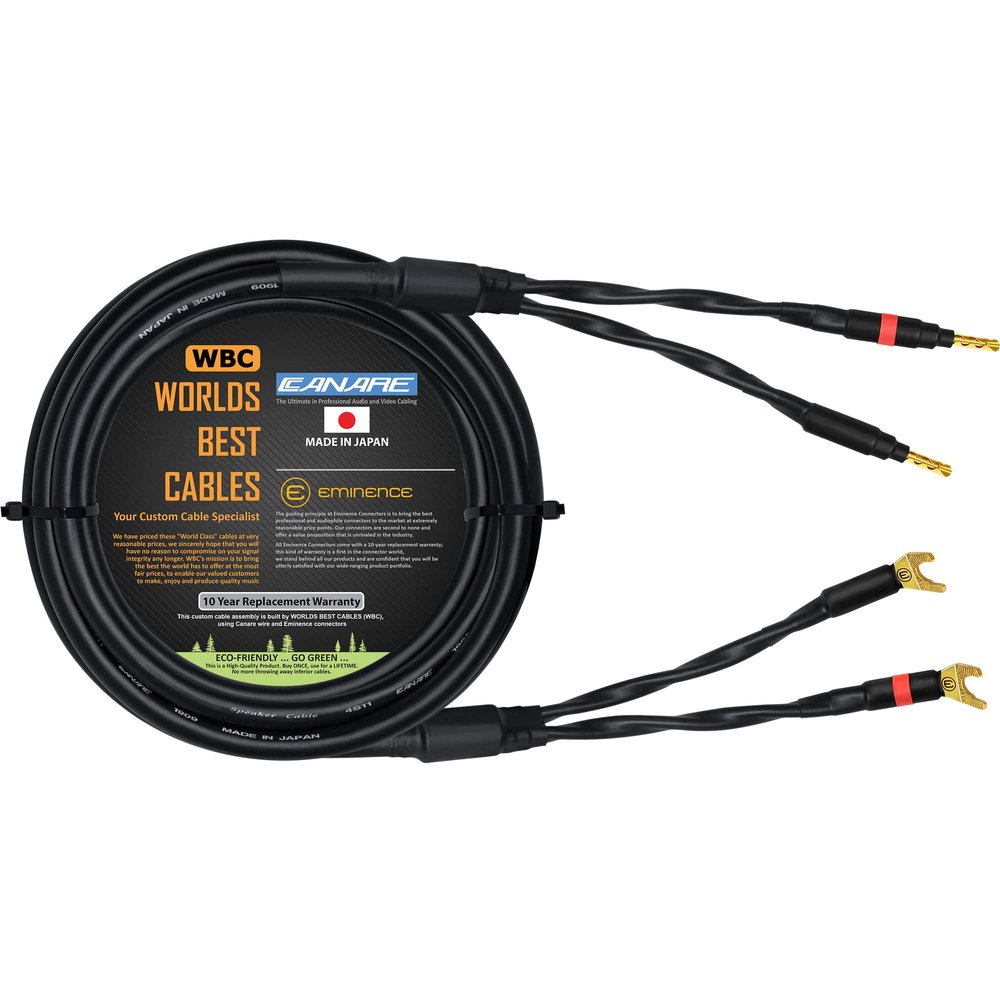 WORLDS BEST CABLES 15 Foot - Canare 4S11  Audiophile Grade - HiFi Star-Quad Single Speaker Cable for Center Channel with Eminence Gold Banana & Spade Connectors