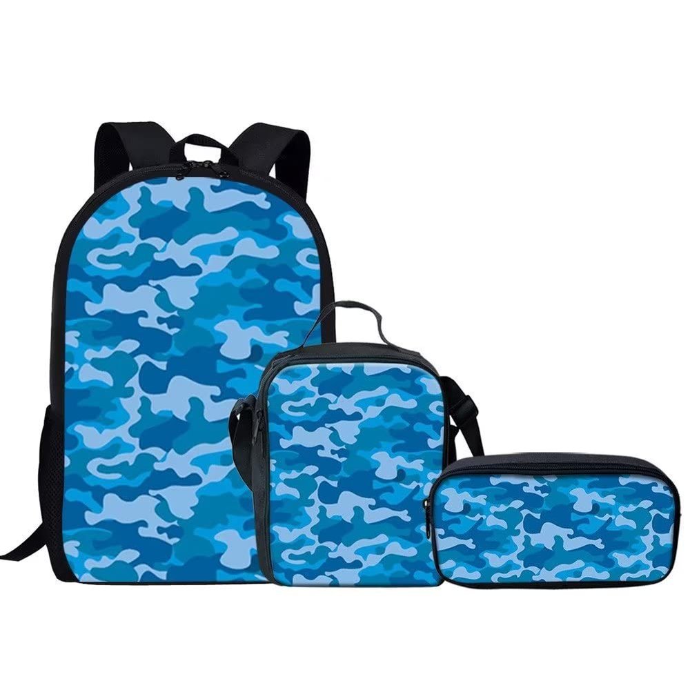 KEIAHUAN Blue Camo School Bag, Travel Camping Daypack Students Bookbag Pencil Case Lunch Bag Combination Set of 3