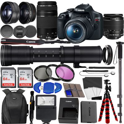 Canon EOS Rebel T7 DSLR Camera with 18-55mm is II Lens Bundle + Canon EF 75-300mm f/4-5.6 III Lens + 420-800mm HD SuperZoom Lens + 128GB Memory + Filters + Flash + Monopod + Professional Bundle Black (Renewed)