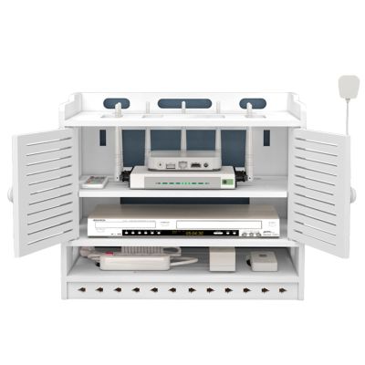 3 Layer WiFi Router Storage Box, Wireless Router Shelf, Cable Storage Box, Multi Layer Storage Rack, Power Strip and Cable Management Hider Rack Desktop Organizer Shelves with Double Door - White