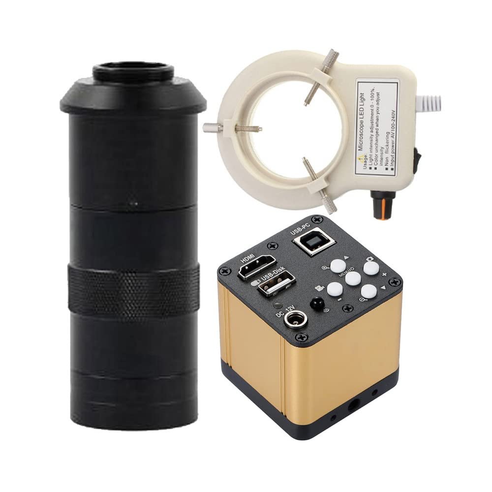 1080P HDMI USB Industrial Microscope Camera with U Disk Video Recorder, 100X C-Mount Lens, and 56-LED Adjustable Ring Light - Ideal for Welding Repair and Inspection