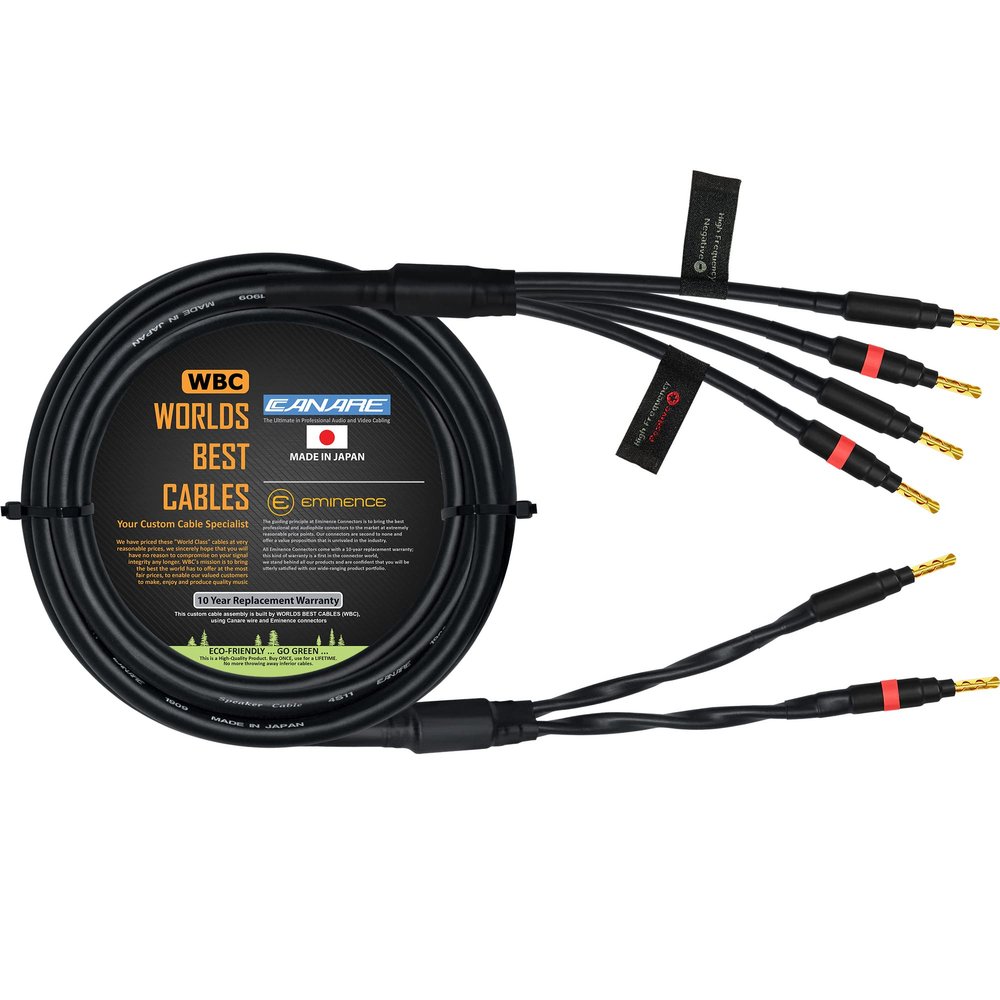 WORLDS BEST CABLES 12 Foot - Canare 4S11 Audiophile Grade - HiFi Star-Quad Bi-Wire Single Speaker Cable for Center Channel with Eminence Gold Banana Connectors
