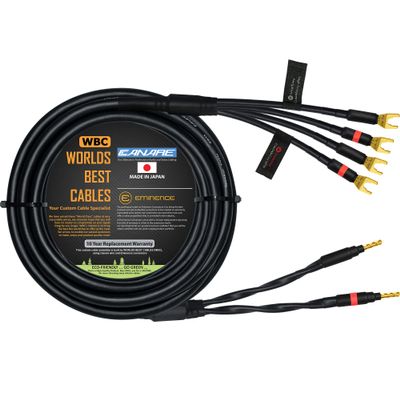 WORLDS BEST CABLES 20 Foot - Canare 4S11  Audiophile Grade - HiFi Star-Quad Bi-Wire Single Speaker Cable for Center Channel with Eminence Gold Banana & Spade Connectors [Banana x2  Spade x4]
