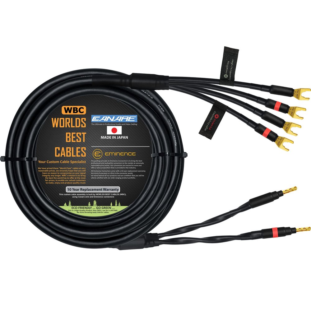 WORLDS BEST CABLES 20 Foot - Canare 4S11  Audiophile Grade - HiFi Star-Quad Bi-Wire Single Speaker Cable for Center Channel with Eminence Gold Banana & Spade Connectors [Banana x2  Spade x4]