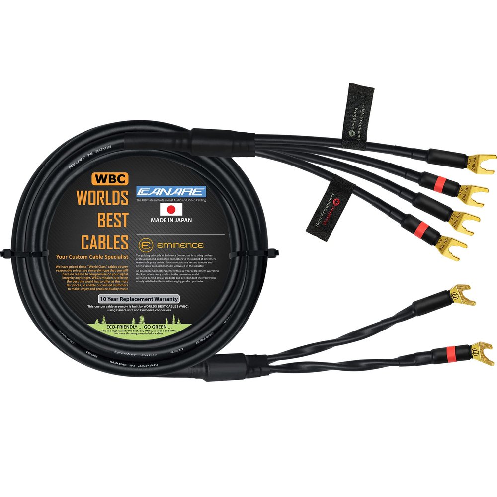 WORLDS BEST CABLES 15 Foot - Canare 4S11 Audiophile Grade - HiFi Star-Quad Bi-Wire Single Speaker Cable for Center Channel with Eminence Gold Spade Connectors