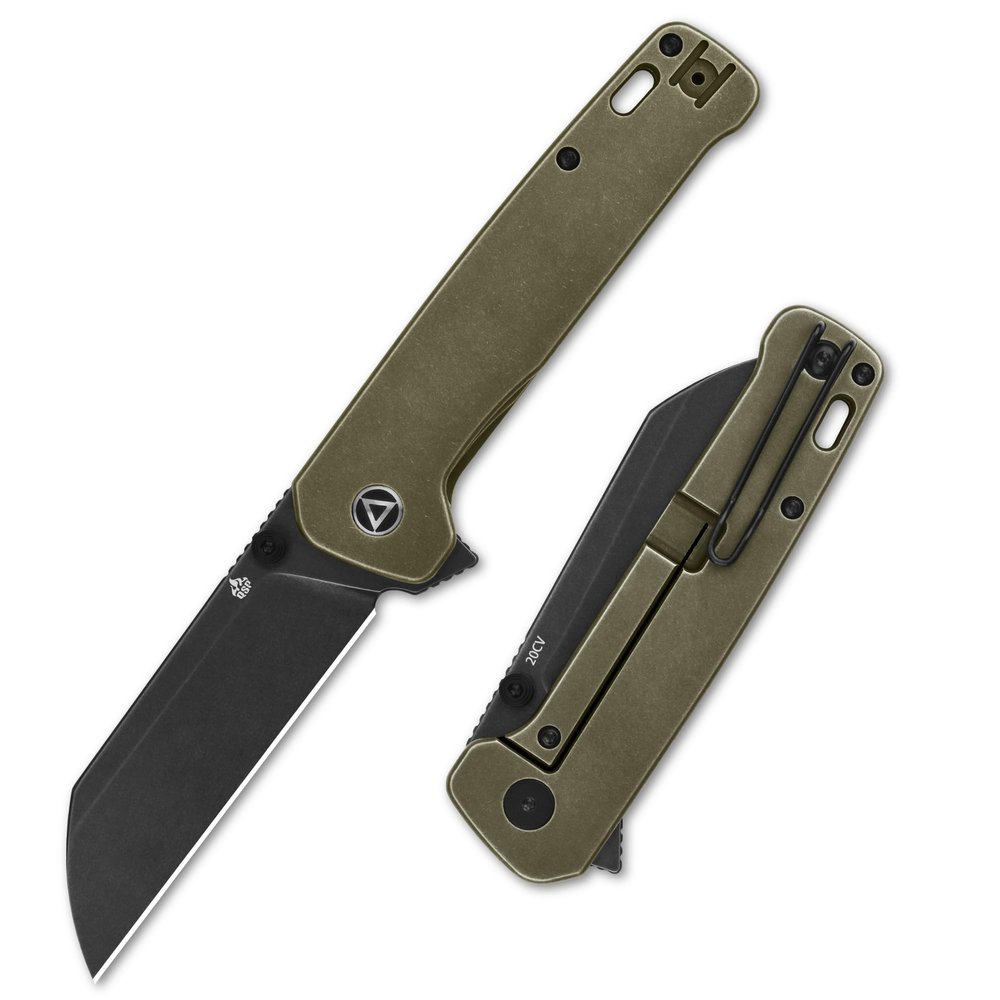 QSP Penguin Plus Folding Pocket Knife, 3.38" CPM20CV Black Stonewash Blade EDC Knife, Bronze Titanium Stonewash Handle, Frame Lock, Ceramic Ball Bearings, Reversible Wire Deep Carry Clip