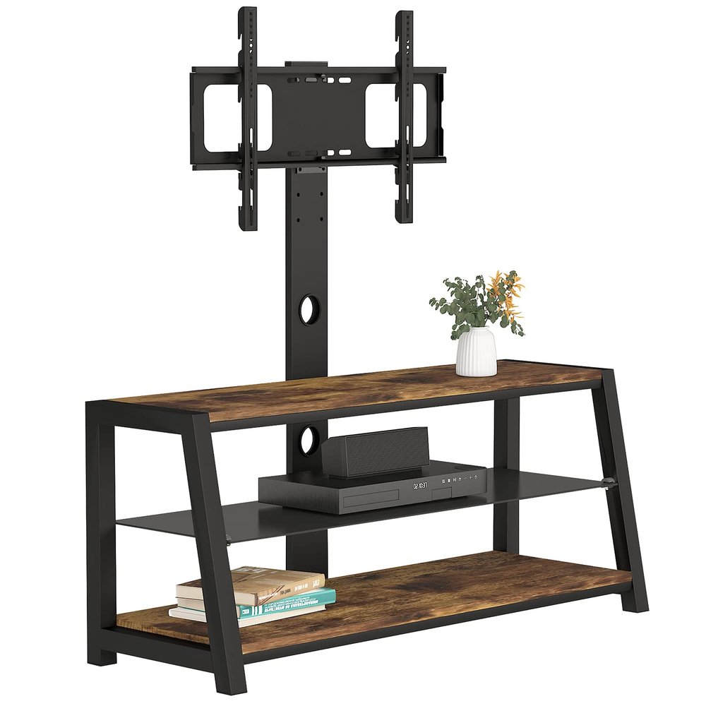 3-Tier Swivel TV Stand Mount for 32-70 Inch TV Stand, Tall Entertainment Center Stand with TV Mount and 3-Tier Storage, Height Adjustable TV Console Stands with Golden Walnut Board & Cable Management