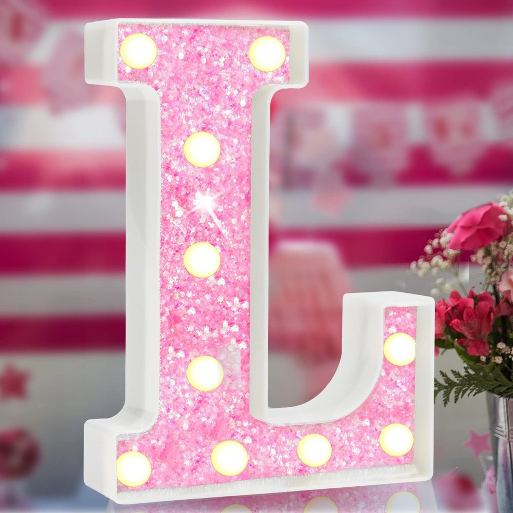 LED Marquee Letter Lights, Pink Glitter Alphabet Sign - Battery Powered Night Light for Girls Bedroom, Birthday Party, Wedding, Home Decorations