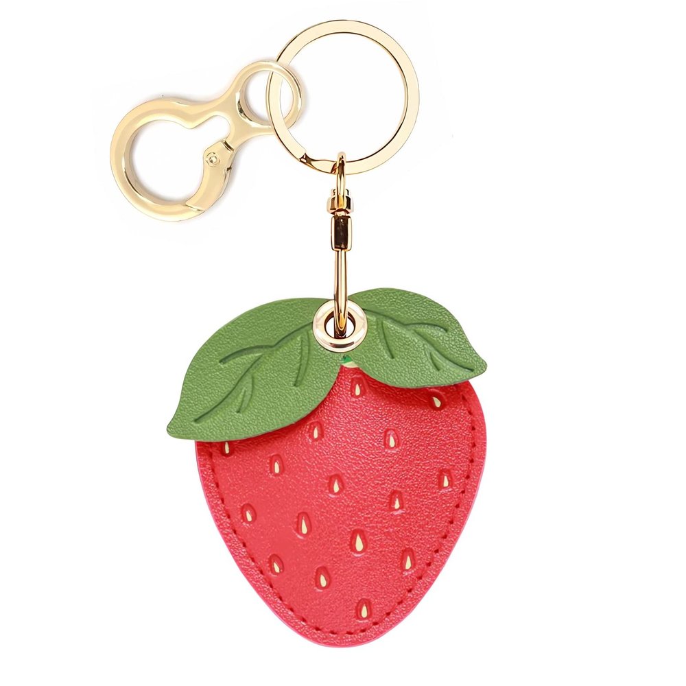 Leather Keychain Holder Case Compatible with Apple AirTag, Cute Protective Air Tag Cover with Keychain Ring, Anti-Scratch Finder GPS Tracker Case for Wallet Keys(Strawberry-B)