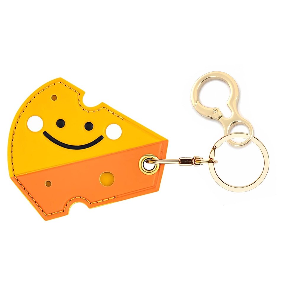 BORKUANA Leather Keychain Holder Case Compatible with Apple AirTag, Cute Protective Air Tag Cover With Keychain Ring, Anti-Scratch Finder GPS Tracker Case for Wallet Keys(Cheese)