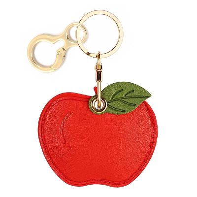BORKUANA Leather Keychain Holder Case Compatible with Apple AirTag, Cute Protective Air Tag Cover With Keychain Ring, Anti-Scratch Finder GPS Tracker Case for Wallet Keys(Red apple)