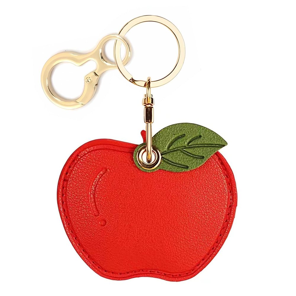 BORKUANA Leather Keychain Holder Case Compatible with Apple AirTag, Cute Protective Air Tag Cover With Keychain Ring, Anti-Scratch Finder GPS Tracker Case for Wallet Keys(Red apple)