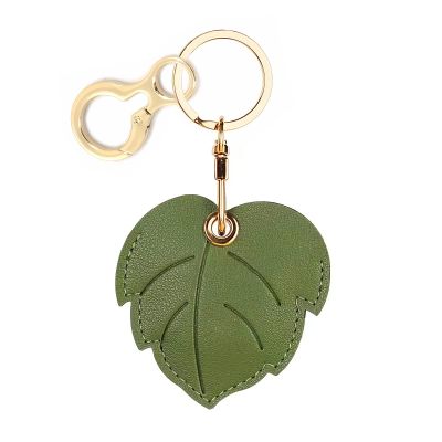 BORKUANA Leather Keychain Holder Case Compatible with Apple AirTag, Cute Protective Air Tag Cover With Keychain Ring, Anti-Scratch Finder GPS Tracker Case for Wallet Keys(Leaf)