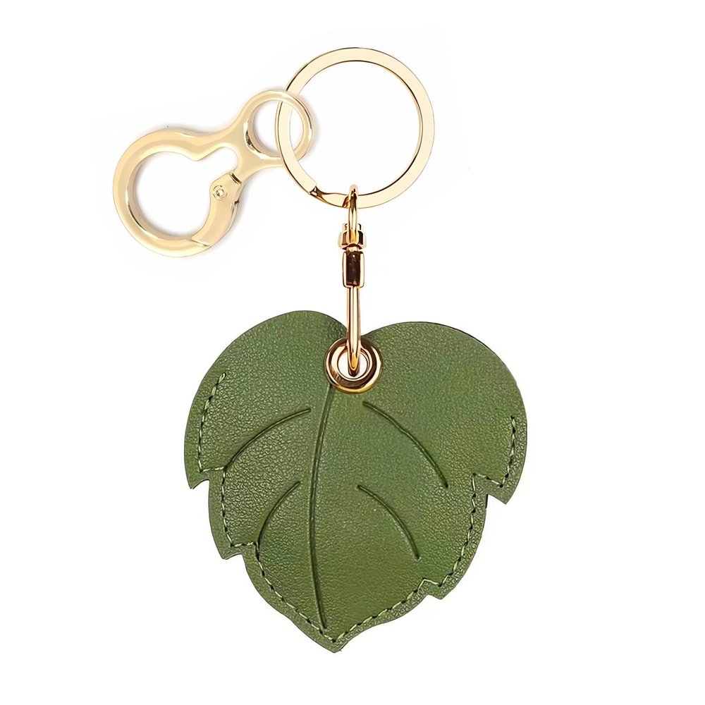 BORKUANA Leather Keychain Holder Case Compatible with Apple AirTag, Cute Protective Air Tag Cover With Keychain Ring, Anti-Scratch Finder GPS Tracker Case for Wallet Keys(Leaf)