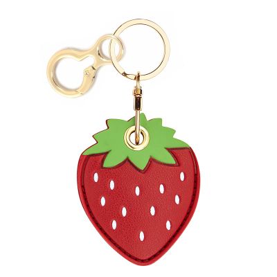 BORKUANA Leather Keychain Holder Case Compatible with Apple AirTag, Cute Protective Air Tag Cover With Keychain Ring, Anti-Scratch Finder GPS Tracker Case for Wallet Keys(Strawberry)