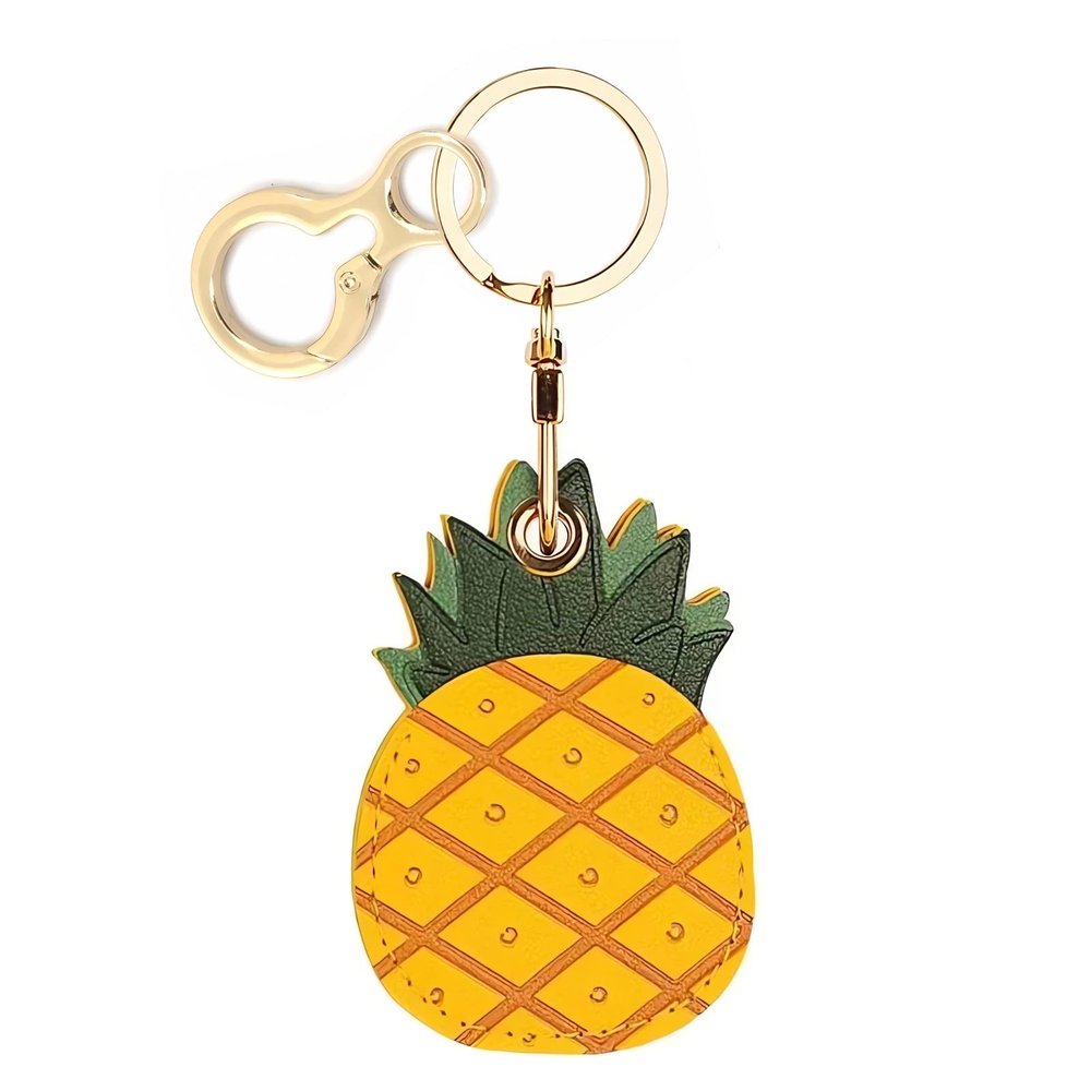 BORKUANA Leather Keychain Holder Case Compatible with Apple AirTag, Cute Protective Air Tag Cover With Keychain Ring, Anti-Scratch Finder GPS Tracker Case for Wallet Keys(Pineapple)
