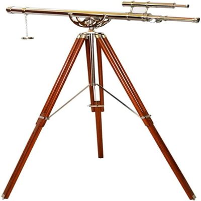 Nautical Vintage Style Marine Design Double Barrel Chrome/Nickel Telescope & Brown Antique Brass Floor Standing Tripod - Navirock