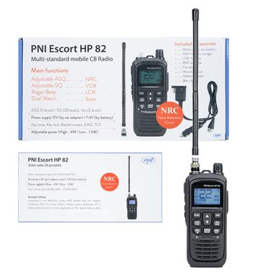 Portable CB Radio Station PNI 82, Multi Standard, 4W, 12V, AM-FM, NRC, Dual Watch, Roger Beep, Adjustable ASQ SQ, VOX