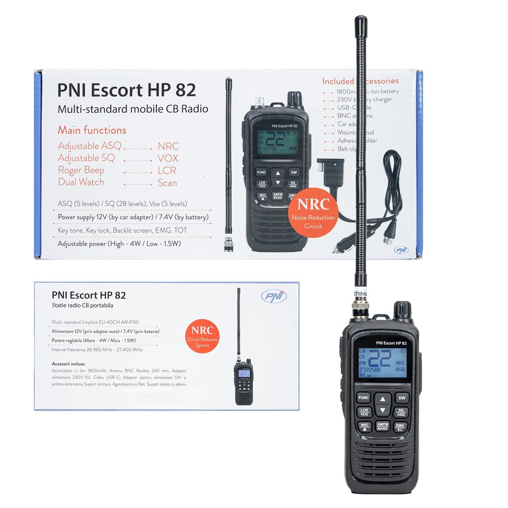 Portable CB Radio Station PNI 82, Multi Standard, 4W, 12V, AM-FM, NRC, Dual Watch, Roger Beep, Adjustable ASQ SQ, VOX