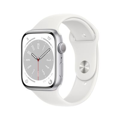 Apple Watch Series 8 (GPS, 45MM) Silver Aluminum Case with White Sport Band, M/L (Renewed Premium)