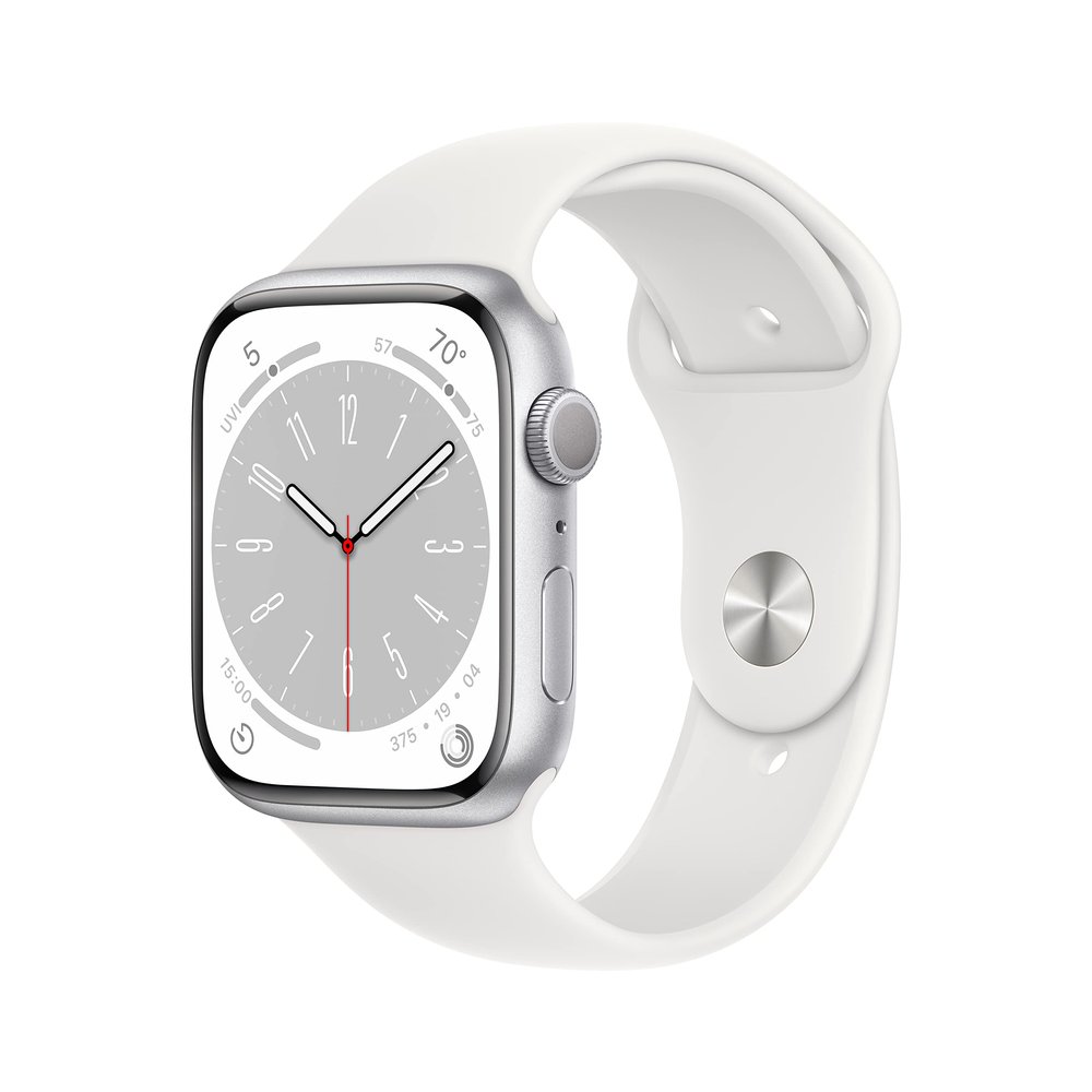 Apple Watch Series 8 (GPS, 45MM) Silver Aluminum Case with White Sport Band, M/L (Renewed Premium)