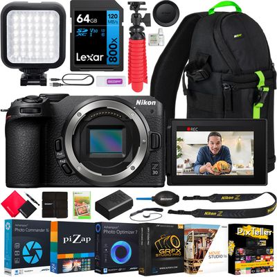 Nikon Z 30 Mirrorless Camera 4K DX Body 1737 Bundle Including Deco Gear Photography Sling Backpack + LED Light + 64GB High Speed Card + Compact Grip/Tripod + Software Kit and Accessories