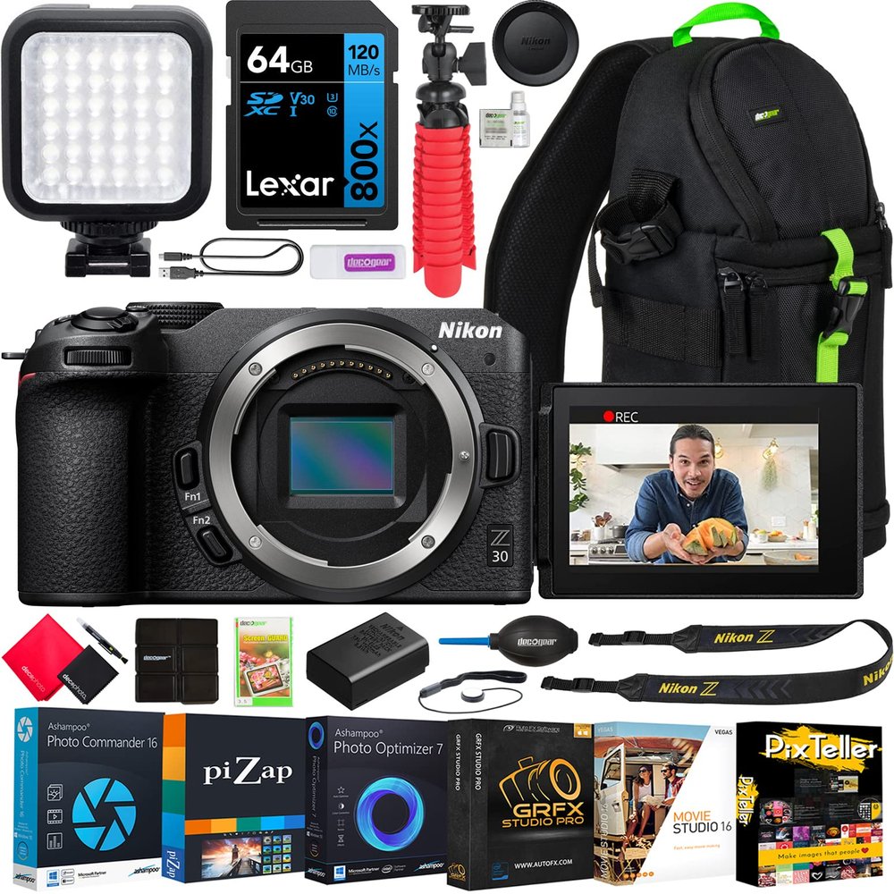 Nikon Z 30 Mirrorless Camera 4K DX Body 1737 Bundle Including Deco Gear Photography Sling Backpack + LED Light + 64GB High Speed Card + Compact Grip/Tripod + Software Kit and Accessories