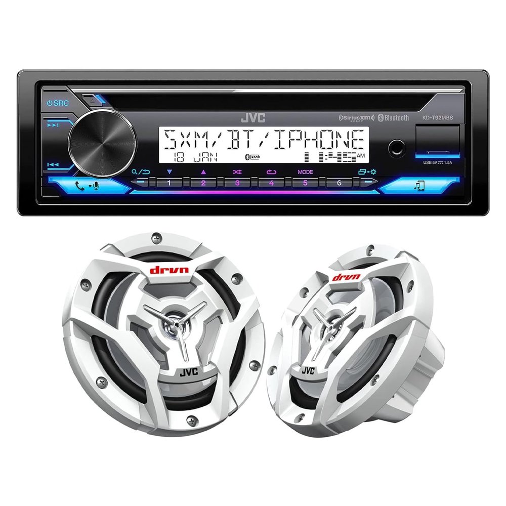 JVC KD-T92MBS JVC KD-T92MBS Marine/Powersports CD Receiver Featuring Bluetooth, Conformal Coated PCB with 1 Pair CS-DR6201MW Marine Speaker 6.5" 2-Way White
