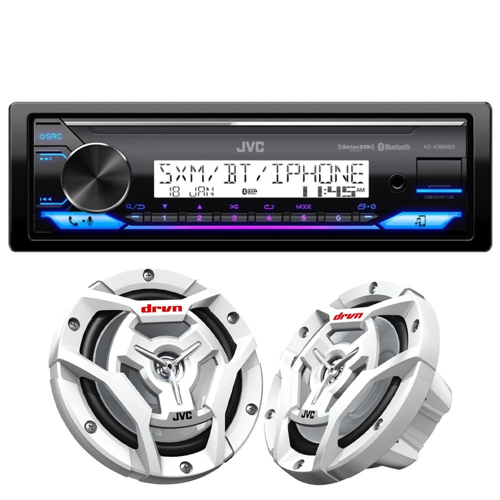 JVC KD-X38MBS Marine Digital Media Receiver with Bluetooth, USB, Conformal Coated PCB with 1 Pair CS-DR6201MW Marine Speaker 6.5" 2-Way White