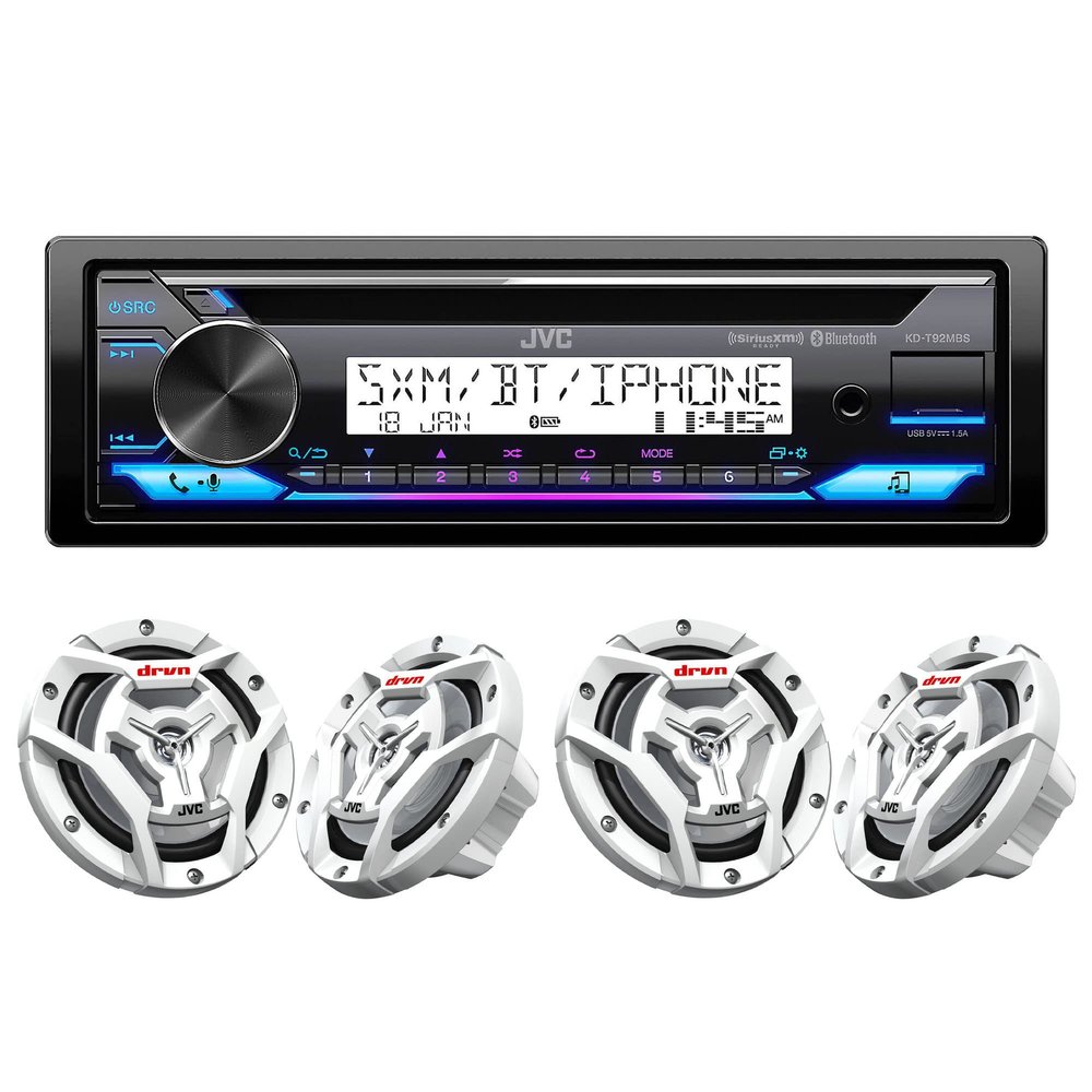 JVC KD-T92MBS JVC KD-T92MBS Marine/Powersports CD Receiver Featuring Bluetooth, Conformal Coated PCB with 2 Pairs CS-DR6201MW Marine Speaker 6.5" 2-Way White