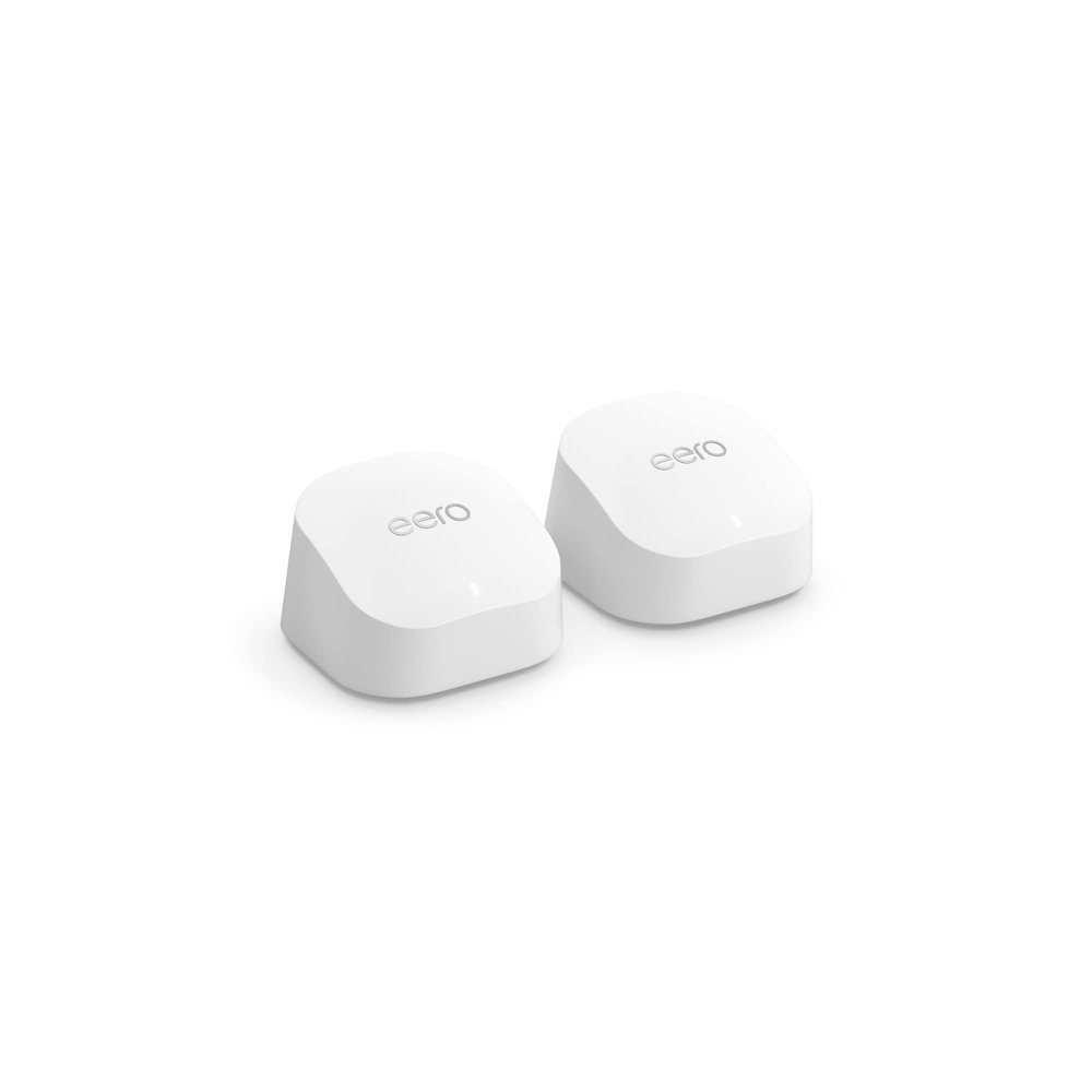 Like-New Amazon Amazon eero 6+ mesh wifi system - Supports internet plans up to a Gigabit, Coverage up to 3,000 sq. ft., Connect 75+ devices, 2-pack