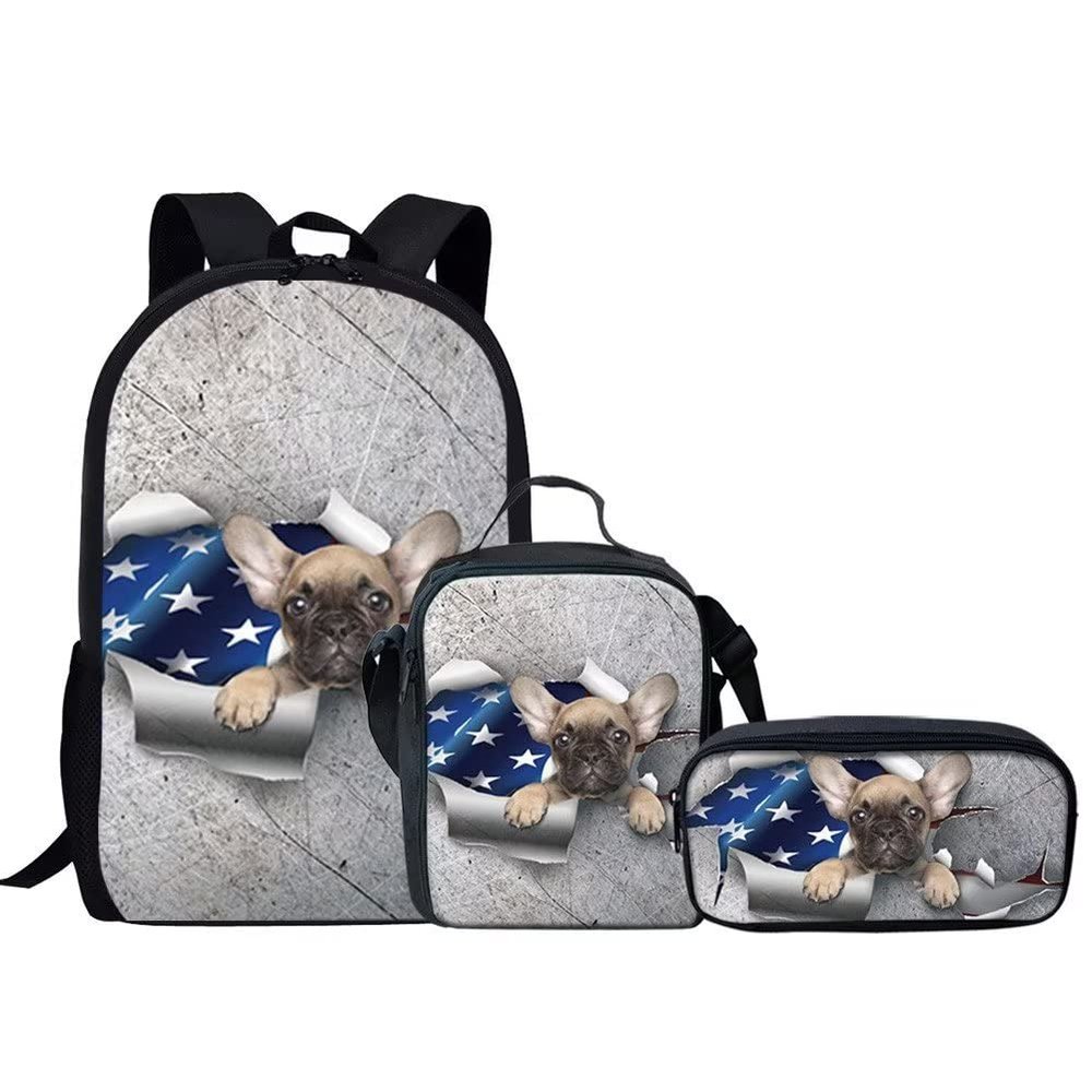 KEIAHUAN Flag Dog Printed Back Pack for Girls Boys with Pencil Case Coin Purse Insulated Lunch Bag 4th of July Patriotic Day Middle School Elementary Bookbags