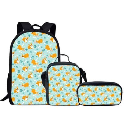 KEIAHUAN Cartoon Corgi Printed 3 in 1 Kids Bookbag School Bag with Lunch Box and Pencil Case Purse for Elementary Middle School Junior Teens Shoulder Book Bags Green