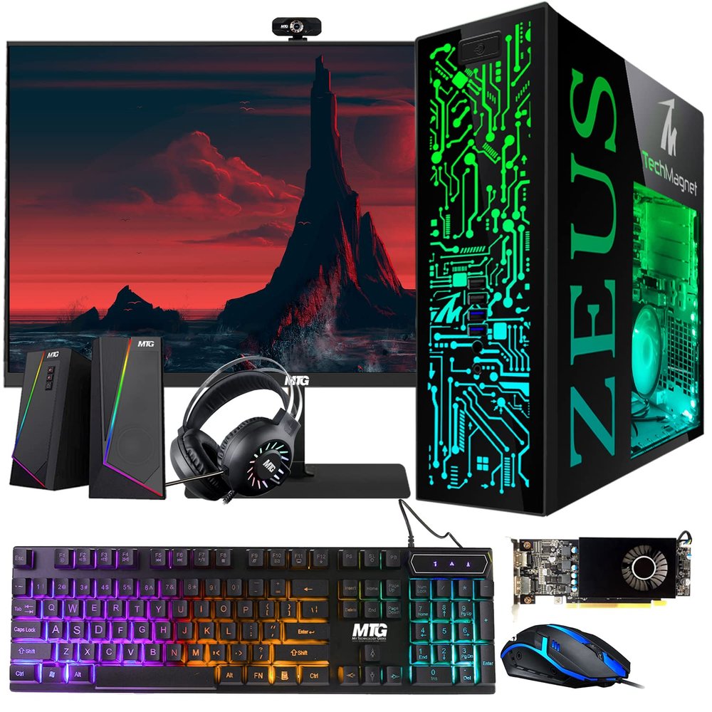 TechMagnet Gaming Desktop PC, Intel i7 6th Gen, Zeus Pro 6, RX 550, 16GB ARGB RAM, 512GB SSD, 27 Inch 75hz Monitor, RGB Keyboard Mouse Speaker Headphone, Webcam, Windows 11 (Renewed)