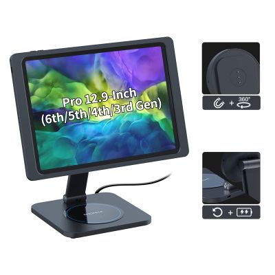 EMONITA Foldable Magnetic Stand with Charging Case A10 for iPad Pro (6th / 5th / 4th / 3rd Generation) 12.9-Inch. Strong Magnets, 360 Rotation, 90 Tilt, 45W Fast Charger Adapter USB C Cable Included