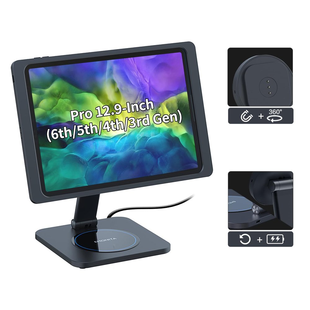 EMONITA Foldable Magnetic Stand with Charging Case A10 for iPad Pro (6th / 5th / 4th / 3rd Generation) 12.9-Inch. Strong Magnets, 360 Rotation, 90 Tilt, 45W Fast Charger Adapter USB C Cable Included