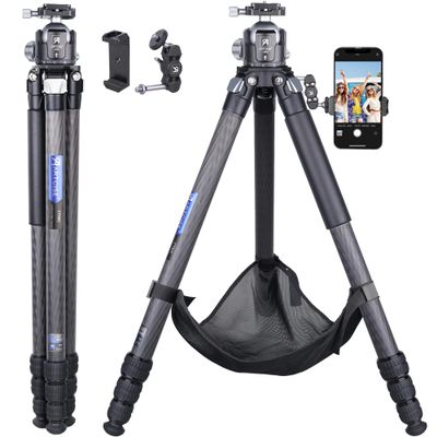 Carbon Fiber Tripod with 52mm Low Profile Ball Head and Stone Bag ARTCISE Heavy Duty Travel Camera Stand for Canon Sony Nikon DSLR Camcorder,Max Load 55lbs(Extra Gift:Stone Bag, Magic arm,Phone Clip)