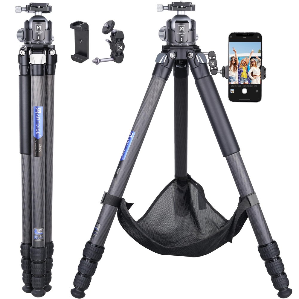 Carbon Fiber Tripod with 52mm Low Profile Ball Head and Stone Bag ARTCISE Heavy Duty Travel Camera Stand for Canon Sony Nikon DSLR Camcorder,Max Load 55lbs(Extra Gift:Stone Bag, Magic arm,Phone Clip)