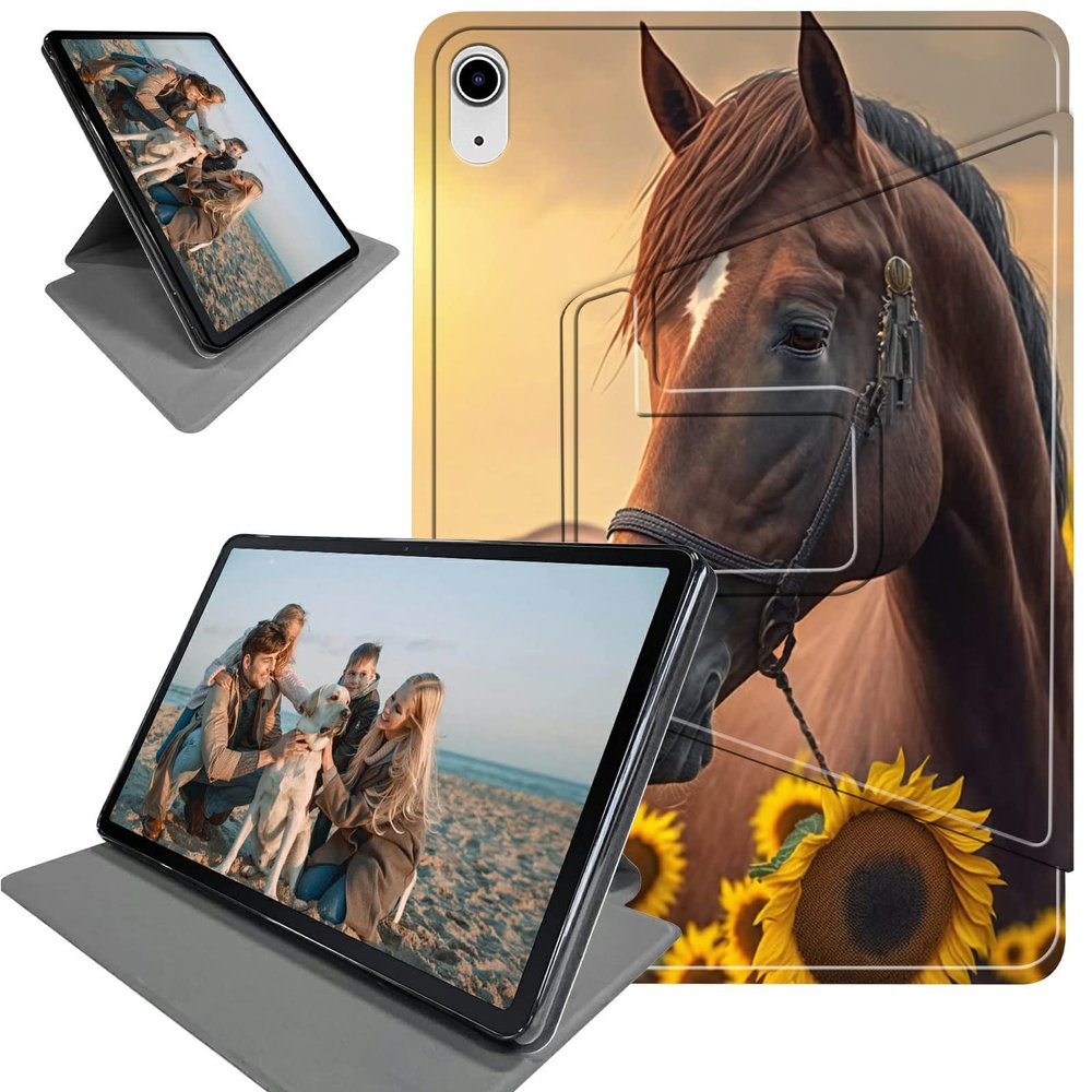 360 Degree Rotation Case for iPad 10th Generation 2022 10.9 Inch, Lightweight TPU with Auto Sleep/Wake Cover for 10.9" iPad 10th Gen 2022 Release A2696 A2757 A2777, Horse Standing Sunflowers Field