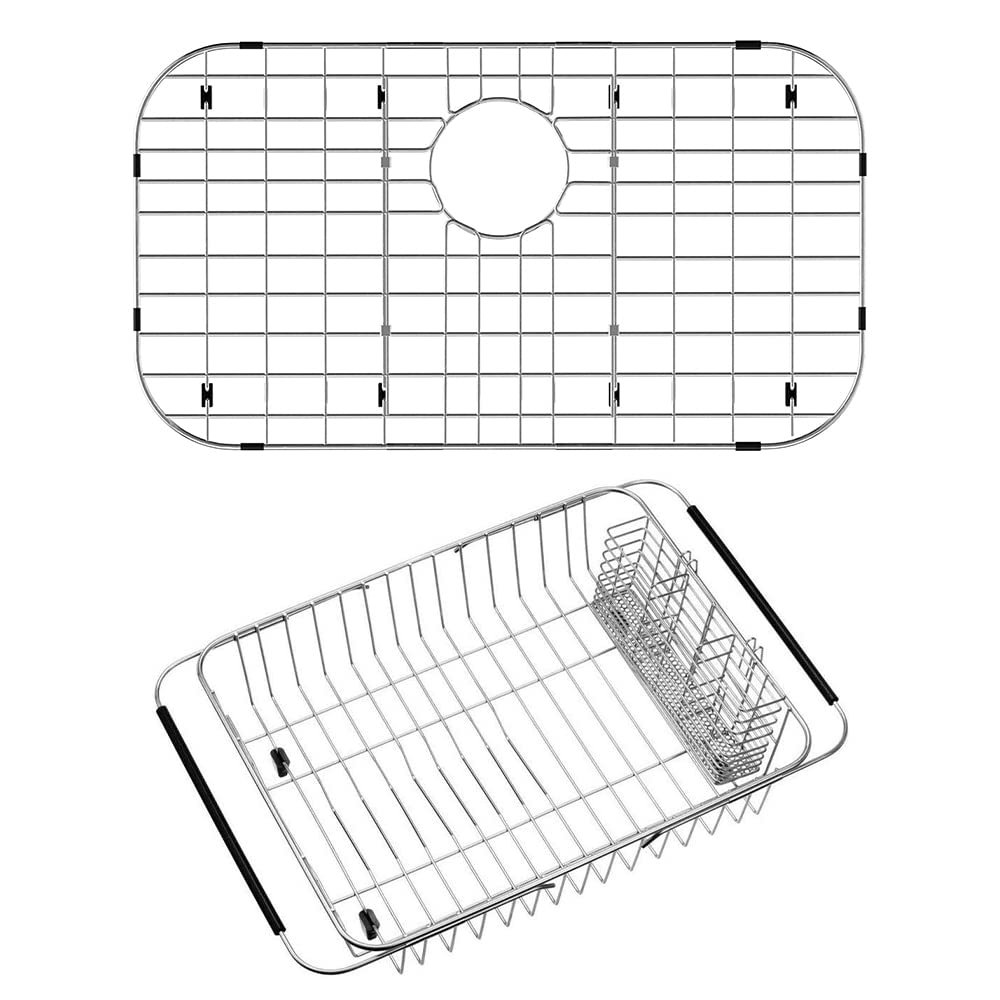 SANNO Sink Protector Grid 26" L X 14" W, Kitchen Sink Protector Dish Drying Rack with Stainless Steel Utensil Holder