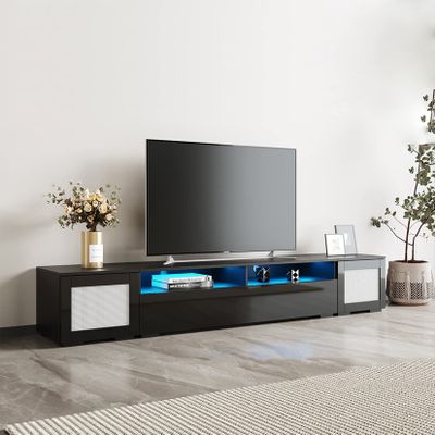 3-Pieces Extended TV Console for TVs Up to 85 inch TV with Color Changing LED Lights for Home Theatre, 85 inch Modern TV Stand, Rattan Style Entertainment Center with Push to Open Doors, Black