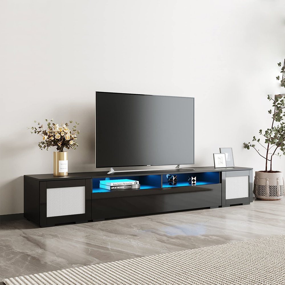 3-Pieces Extended TV Console for TVs Up to 85 inch TV with Color Changing LED Lights for Home Theatre, 85 inch Modern TV Stand, Rattan Style Entertainment Center with Push to Open Doors, Black