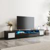 3-Pieces Extended TV Console for TVs Up to 85 inch TV with Color Changing LED Lights for Home Theatre, 85 inch Modern TV Stand, Rattan Style Entertainment Center with Push to Open Doors, Black view 1